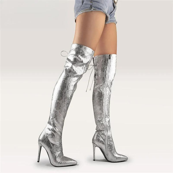 Women Pointed Toe Metallic Silver Over the Knee Boots Thin High Heel