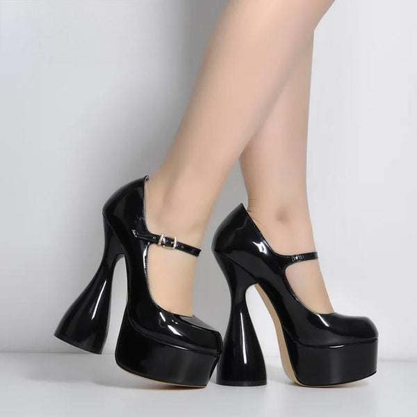 Women Pumps Platform Black Patent Leather Spike High Heels