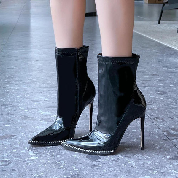 Fashion Designer Women Patent Leather Pointy Toe Short Ankle Boots