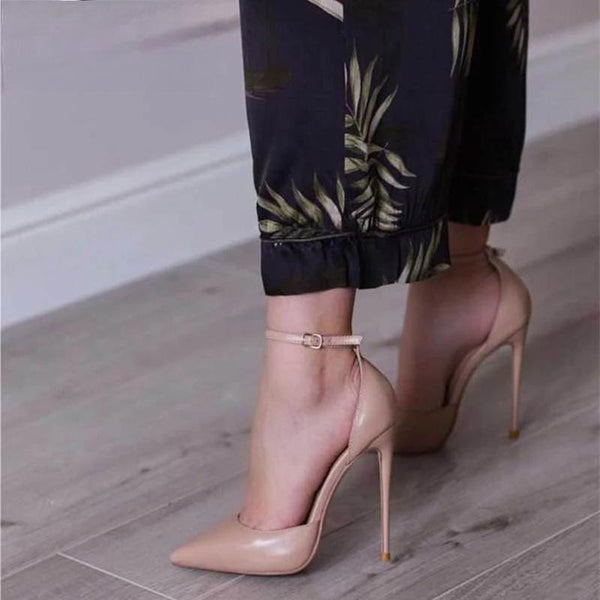 Summer Glossy Nude Women Ankle Strap D'Orsay Pointed Toe High Heels