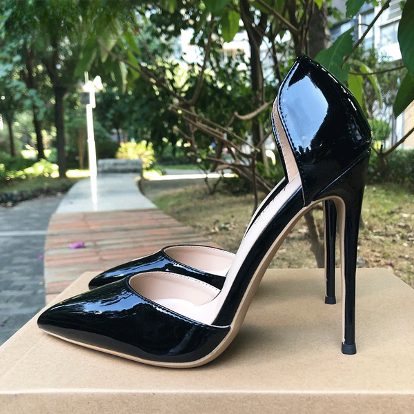 12cm High Heels Women Sexy Sandals Elegant Glossy Black Pointy Toe D'Orsay  Stilettos Pumps