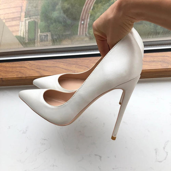 Women White Satin Pointy Toe 8cm 10cm 12cm High Heel Wedding Dress Shoes