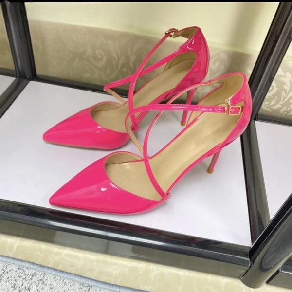 Glossy Rose Pink Women Instep Cross Strap Pointy Toe High Heels