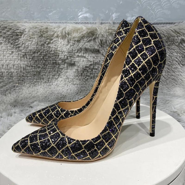 Black Glitter Crocodile Effect Pattern Women Sexy Pointy Toe High Heel Party Shoes