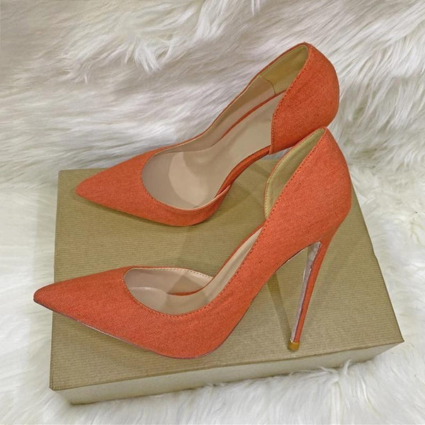 Women Denim Pointy Toe High Heel Shoes 8cm 10cm 12cm Elegant Ladies D'Orsay Stiletto Pumps