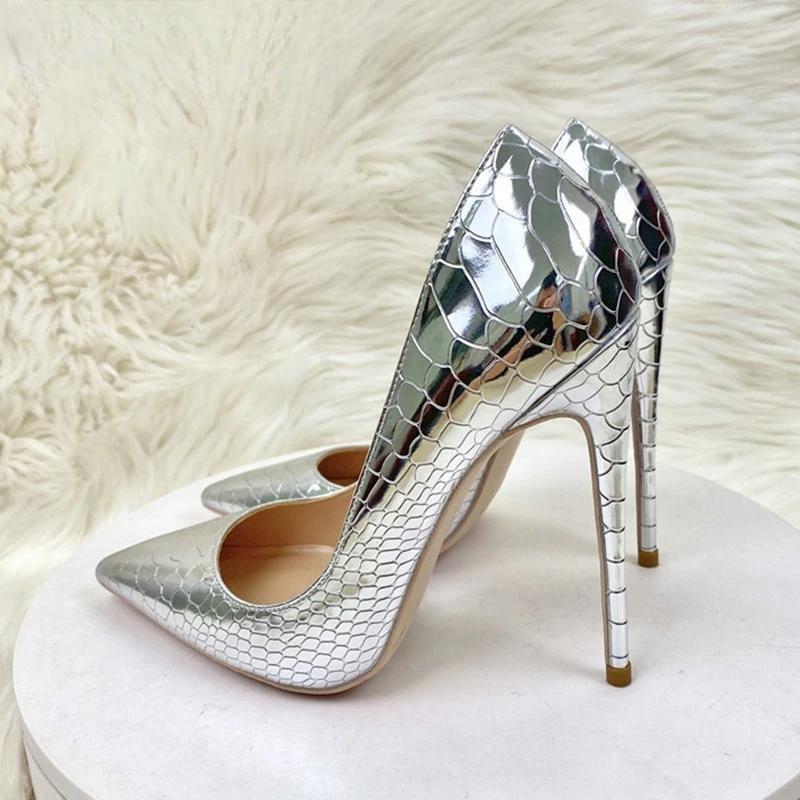 Silver Embossed Crocodile Effect Women Sexy Pointy Toe High Heel Party Shoes