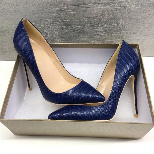 Navy Blue Croc-Effect Women Pointed Toe High Heel Shoes