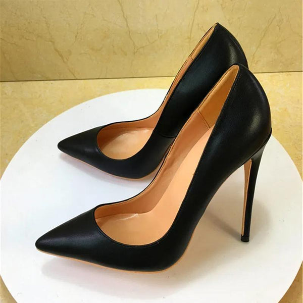 Solid Black Matte Women Pointed Toe Slip On High Heels