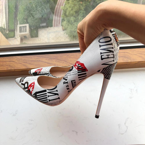 Graphic Print Women White Pointy Toe High Heel Dress Shoes