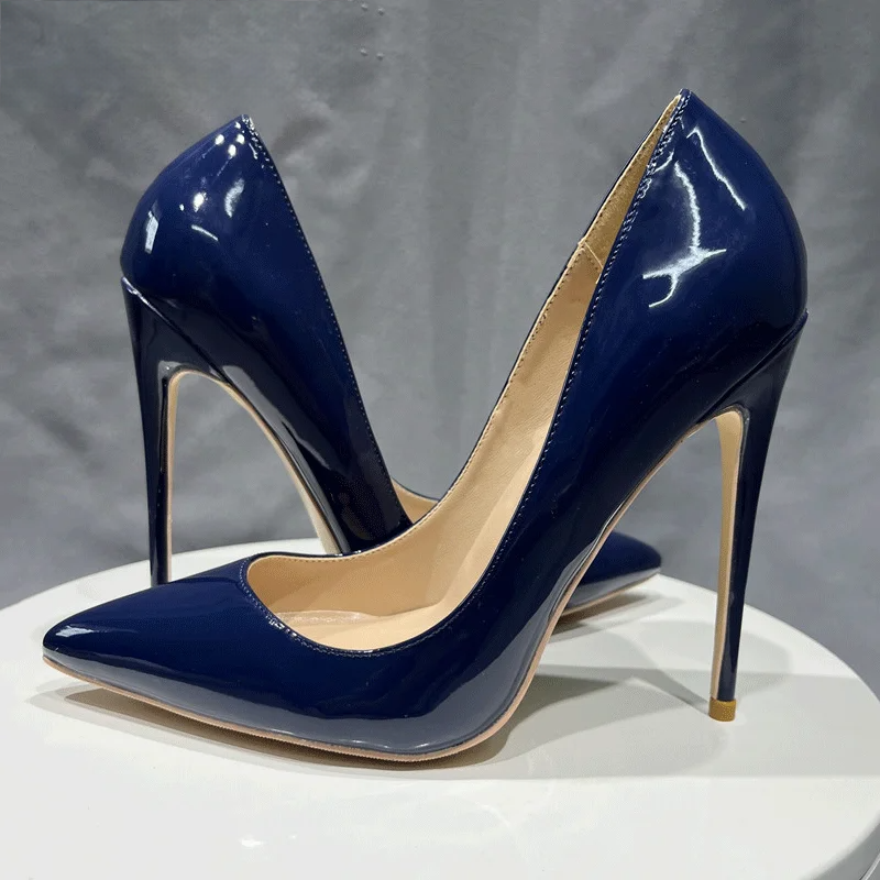 Women Navy Blue Patent Pumps Low Cut Pointy Toe Stilettos