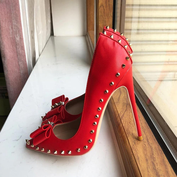 Red Matte Women Pointy Toe High Heel Shoes with Bow Sexy Spikes Rivets Stiletto Pumps