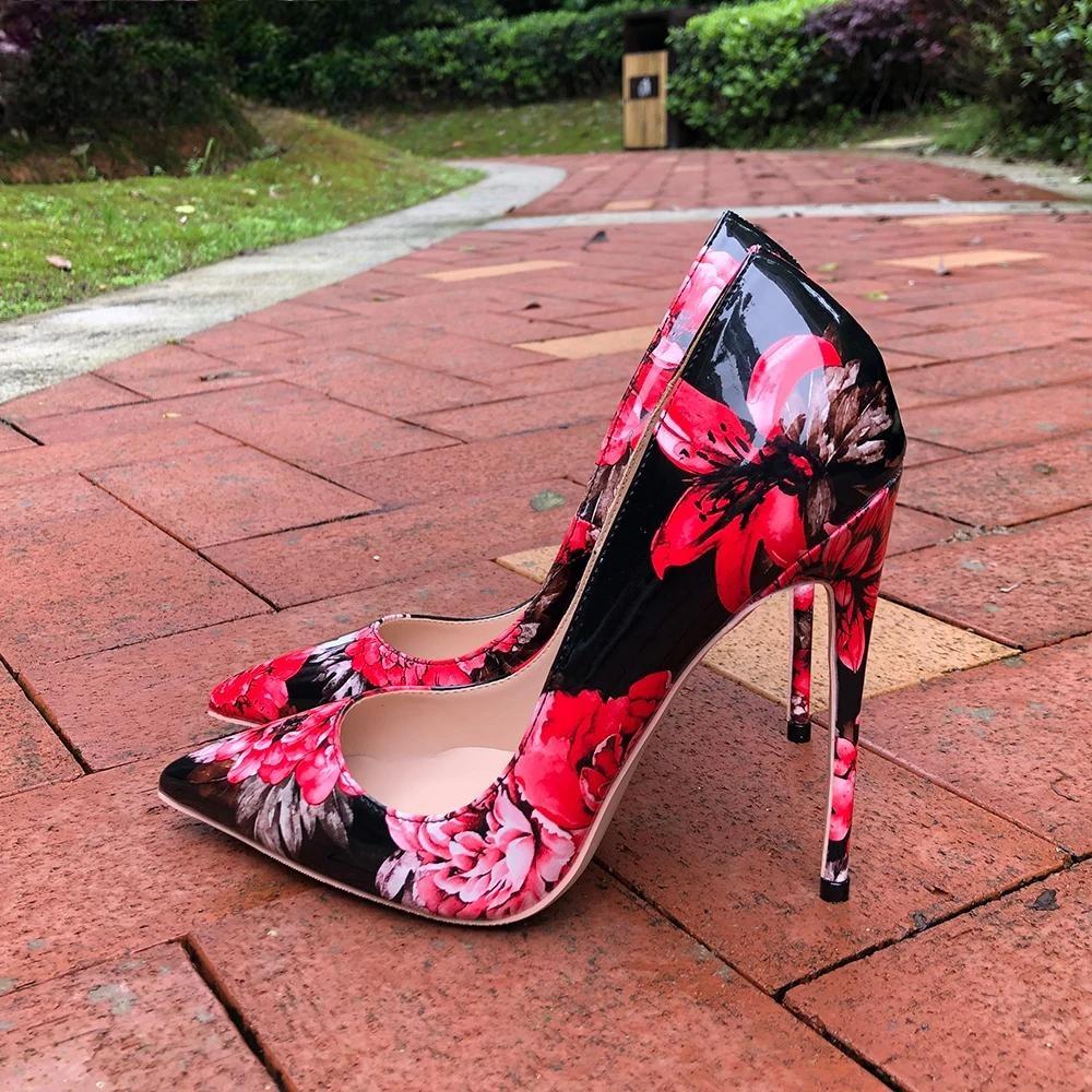 Women Gloossy Floral Printed Pointed Toe High Heels