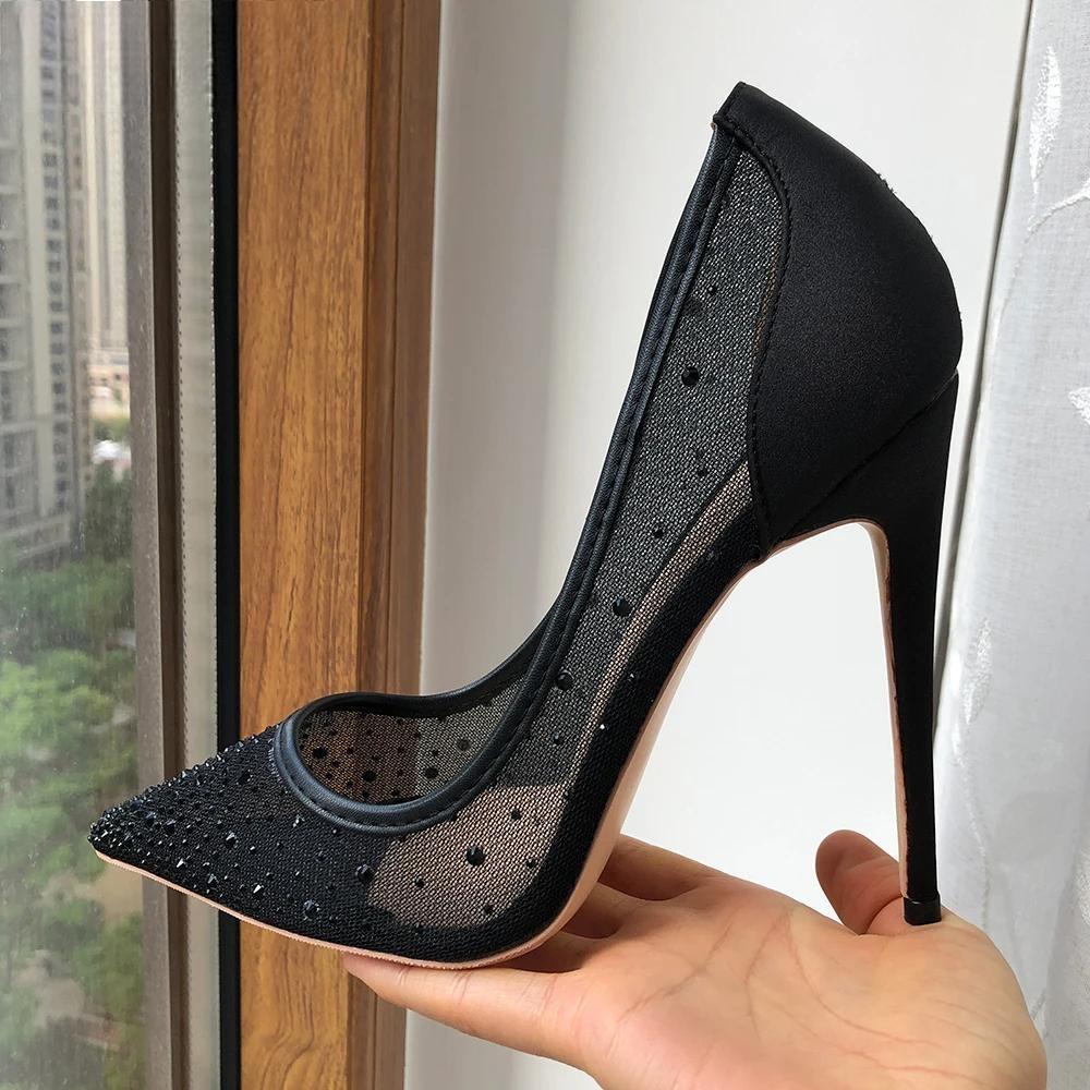 Rhinestones Women Patchwork Black Satin Gauze Pointy Toe High Heel Party Shoes