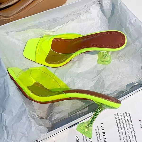 Green PVC Jelly Slippers Open Toe Perspex Sike High Heels Crystal Women Transparent Sandals