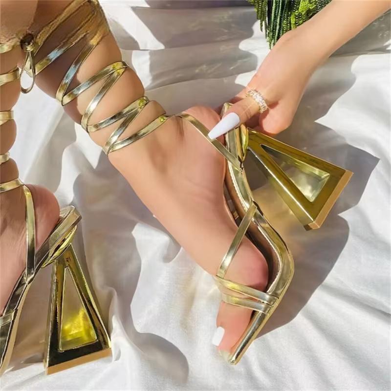 New Style Chic Triangle Thick Heels Sandals Gladiator Women