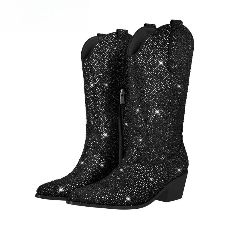 Women Knee High Boots Rhinestone Booties