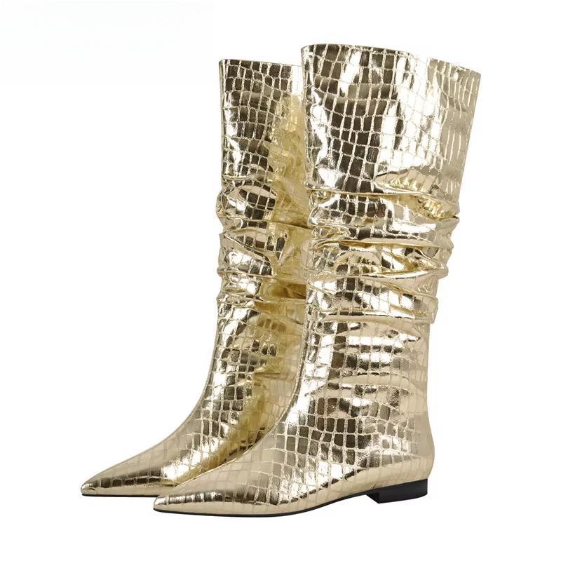 Women Gold Pointed Toe  Pleated Flat Knee High Boots  Block Heel