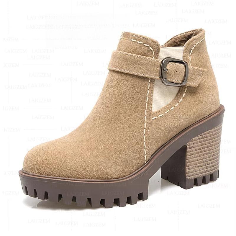 Faux Suede Side Zip Up 8CM Thick High Heels Short Boots Handmade Shoes Woman