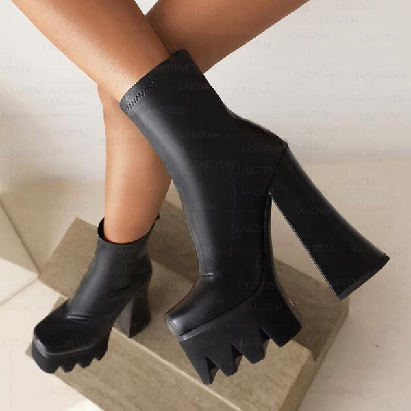 Women Ankle Boots Platform Elastic Pull On/ Side Zip Chunky Thick High Heels Short Booties