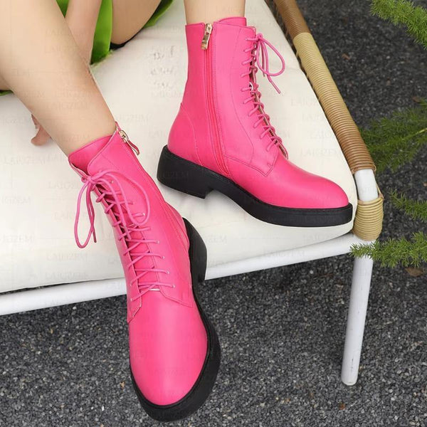 Women Ankle Boots Side Zip Up Faux Leather 4CM Mid Heels Round Toe Ladies Shoes