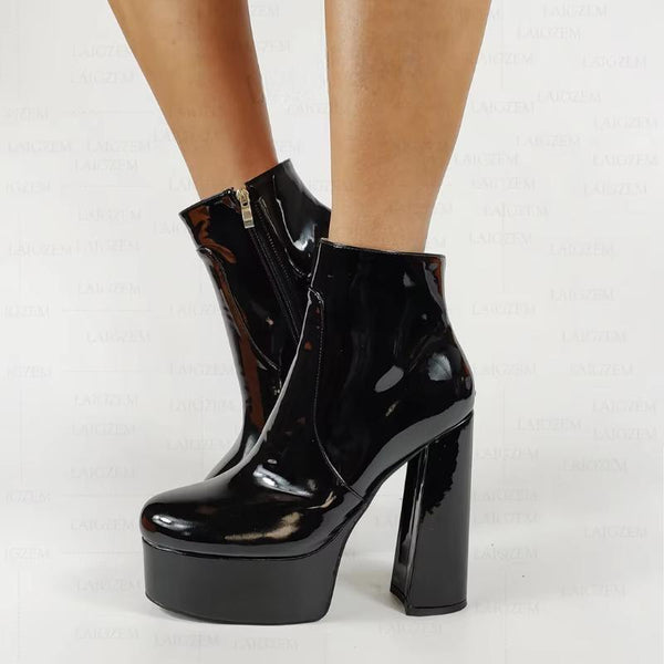 Women  Shiny Handmade Chunky Block High Heels Height Increase Boots