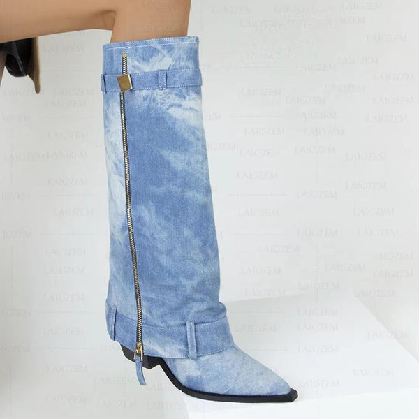 Women Knee High Boots Denim Pull On Thick Square High Heels Tall Boots