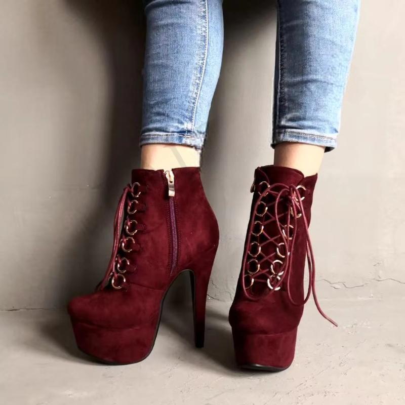 Faux Suede Platform High Heel Zipper Boots Wine Red Black Ladies Botines