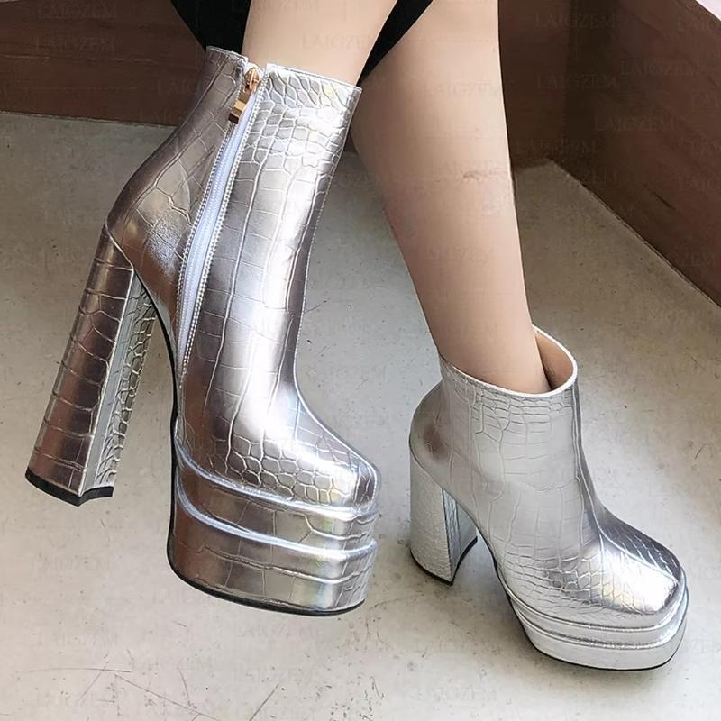 Crocodile Print Platfrom Zip Up Block Thick High Heels Female Shoes Woman