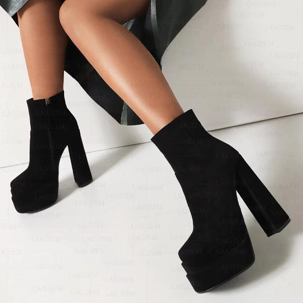 Women Ankle Boots Side Zip Up Thick High Heels Short Booties