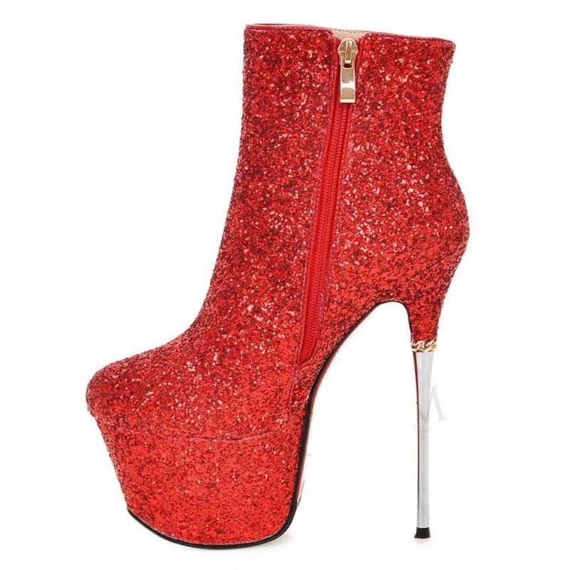 Celebrity Sequined Women Ankle Booties Metal Stiletto Heel Zip Short Boots