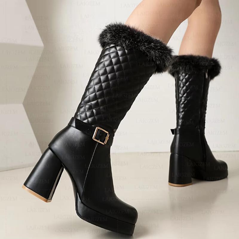 Calf Boots Platform Side Zip Up 9CM Chunky Thick High Heels Boots Handmade Ladies Shoes