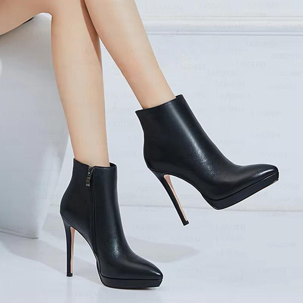 Women Ankle Boots REAL LEATHER Side Zip Thin High Heels Booties