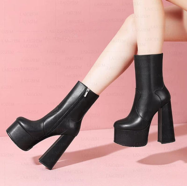 Women Ankle Boots Real Leather Platform 14CM Thick High Heels Short Booties