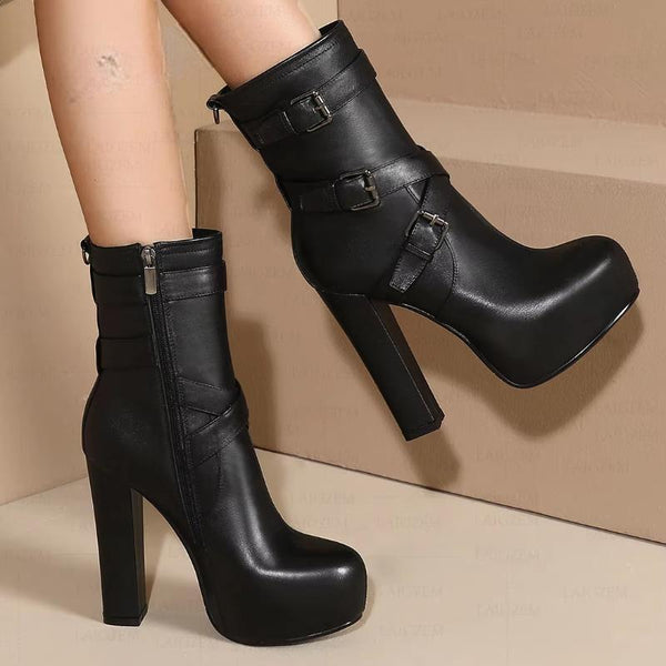 Women  Genuine Leather Side Zip Platform Round Toe 13CM Thick High Heels Boots