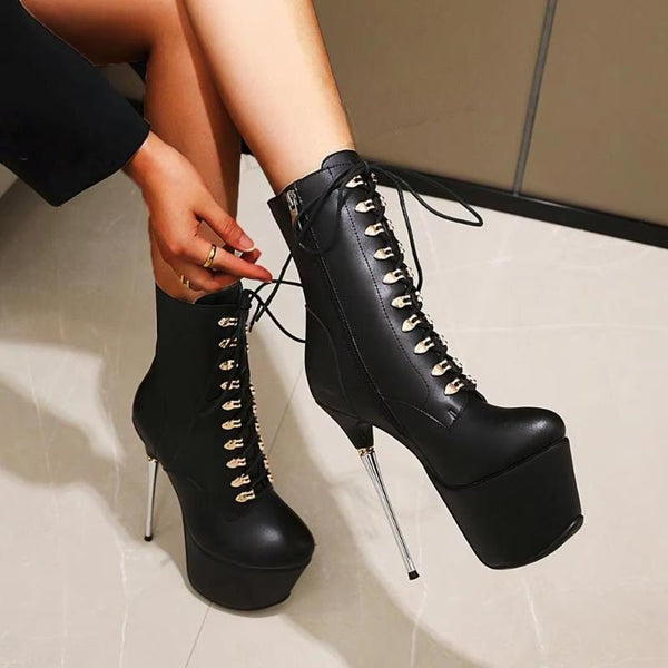 SEXY Women Ankle Boots Platform Metal Stiletto Heels Side Zip Pole Dance  Boots