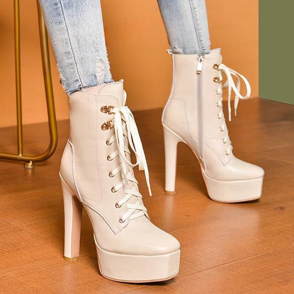 Real Leather Zip Up Thick Heels Booties Comfortable Bota Feminina Ladies Shoes