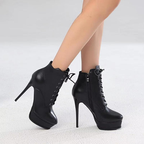 Women Ankle Platform Boots Genuine LEATHER Stiletto High Heels Short Boots