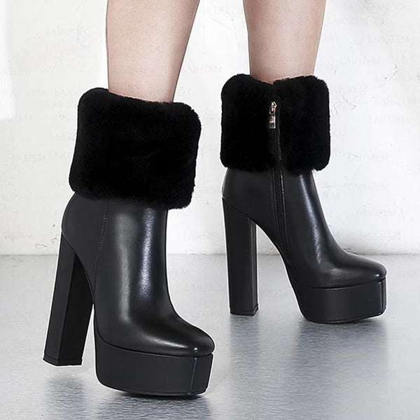 Women Ankle Boots Real Leather Platform Side Zip Up 14.5CM Thick High Heels