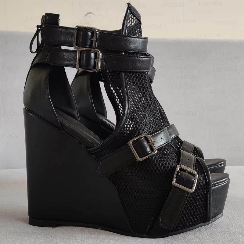 Women Pumps Platform Wedges Patchwork Back Zip Up Peep Toe Sandals