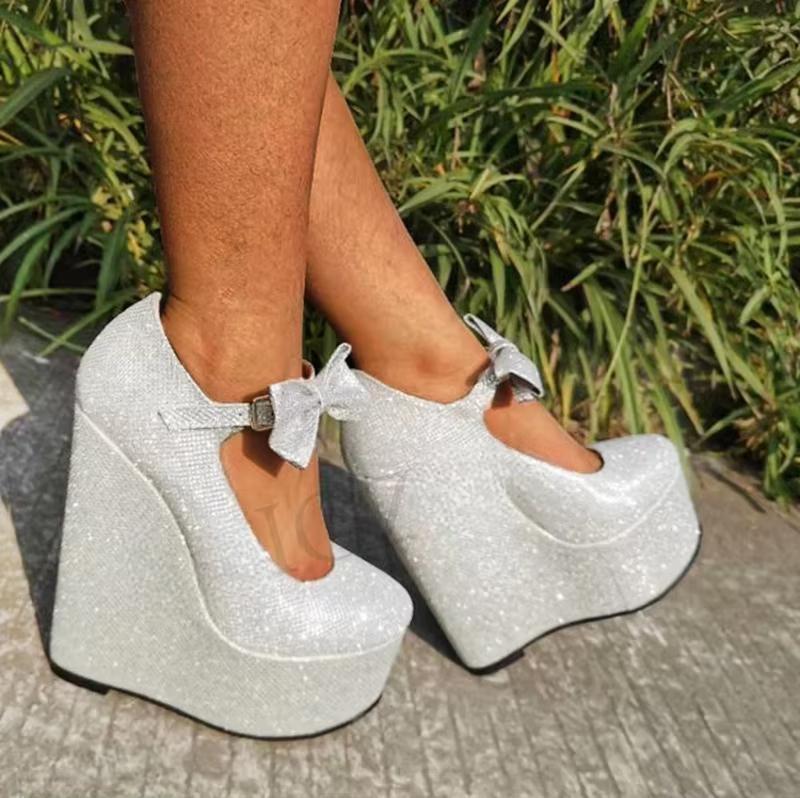 Women Heels Platform Wedge Mary Jane Silver Bling Ladies Pumps