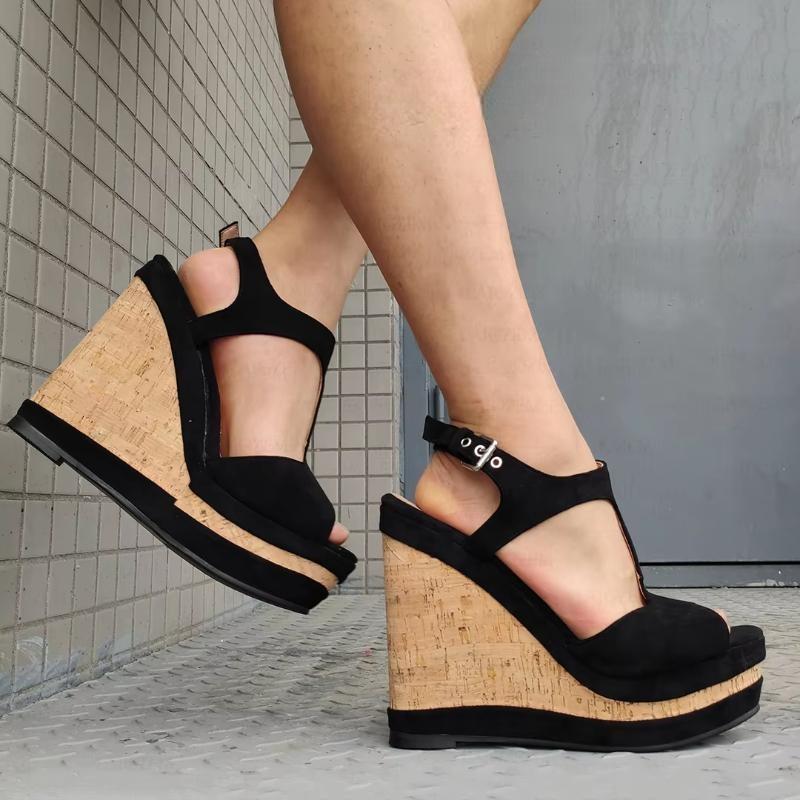 Women Pumps Platform Wedges Faux Suede Patchwork Ankle Straps Sandals