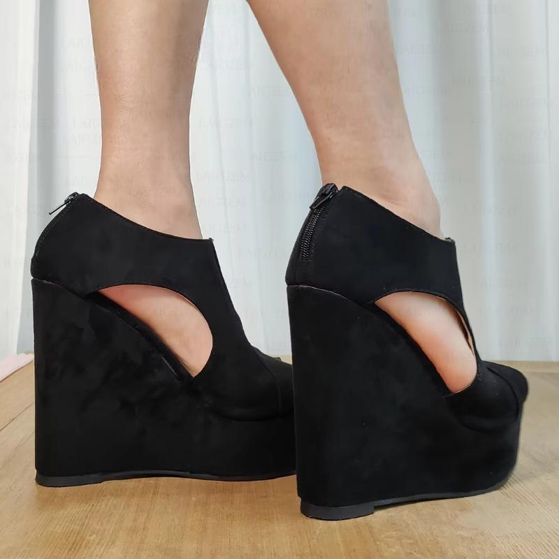 Women Platform Wedges Sandals Faux Suede Open Toe Back Zip Up High Heels Pumps