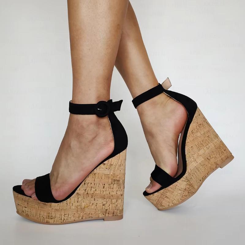 Women Sandals Platform Wedge Faux Suede High Heels Ankle Straps Party Pumps