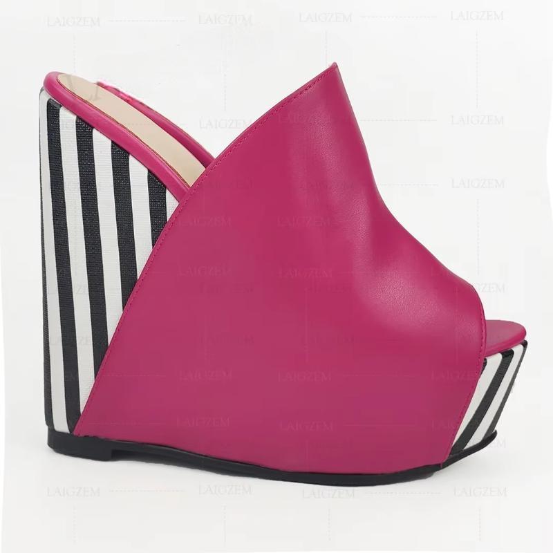 Women Sandals Platform Wedges Stripe Mules Party High Heels Sandalias