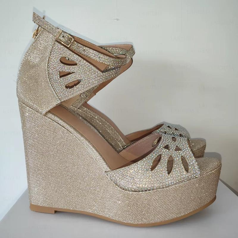 Women Platform Wedges Sandals Wedding Prom Crystal Height Increase Shoes