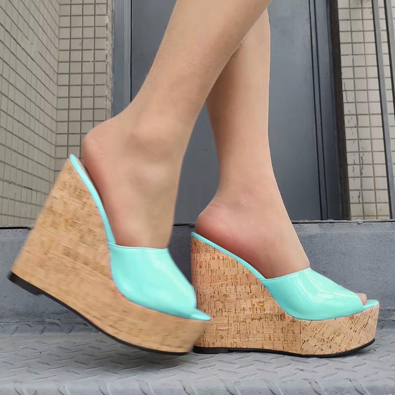 Women Platform Wedges Shiny Sandals Peep Toe Cork Print Height