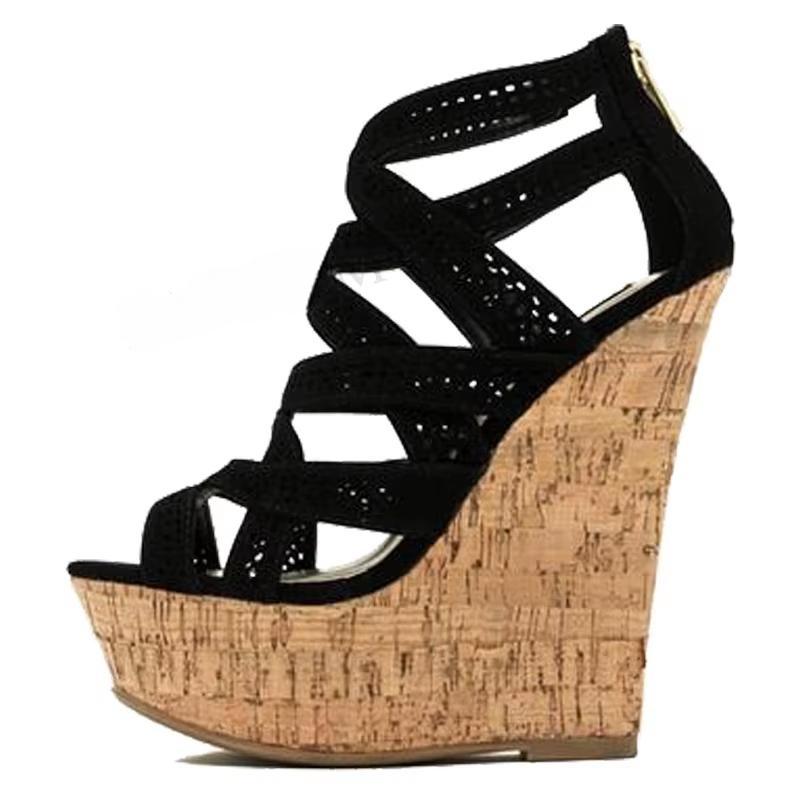 Women Sandals Platform Wedges Faux Suede Back Zip Up High Heels Pumps