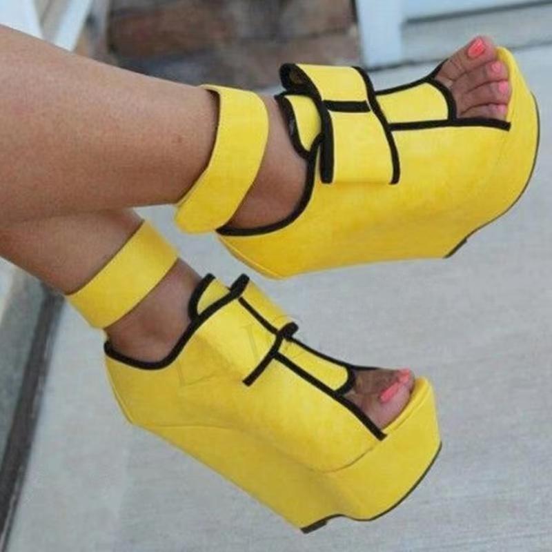 SUPER Women Sandals Faux Suede Platform Wedges Heels Sandals Yellow Shoes Woman