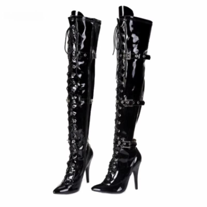 Plus:34-45 sexy botas mujer over-the-knee boots buckle lacing 12cm heels boots