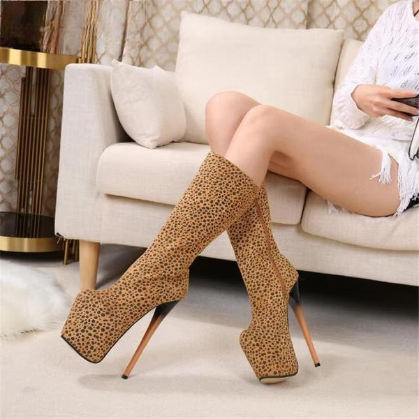 Gladiator Leopard shoes woman 19cm thin heels Knee High Boots